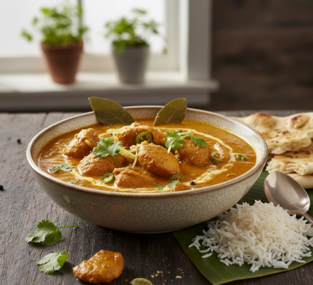 A bowl of creamy chicken curry served with rice and naan bread, ready for a comforting homemade dinner.