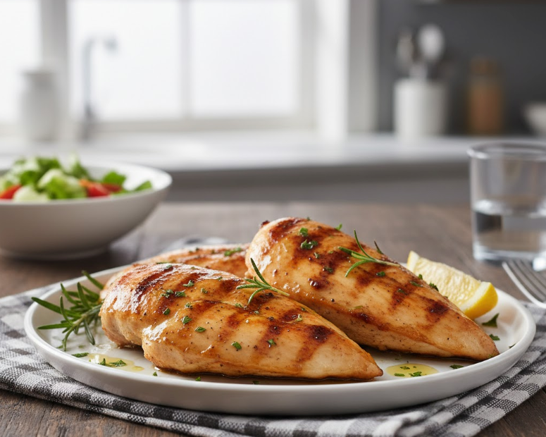 baked chicken breasts set on a plate with garnish. Salad in the background