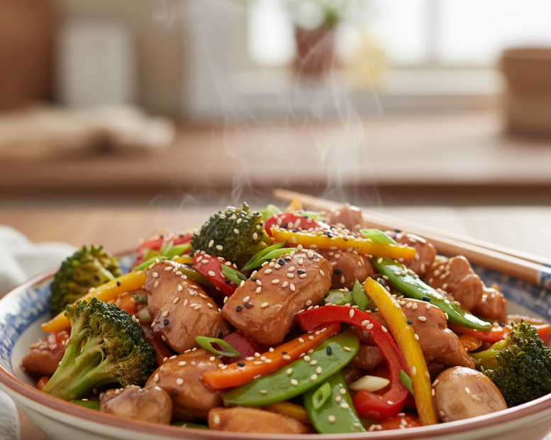 delicious chicken stir fry steaming in a bowl with broccoli, peas, and peppers.