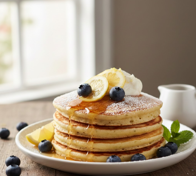 Lemon Ricotta Pancakes dusted with powdered sugar with a maple syrup glaze, topped with lemons and blueberries.